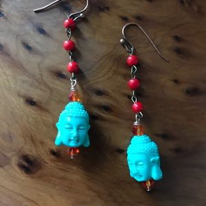 Vintage Boho Turquoise Buddha & Copper Earrings